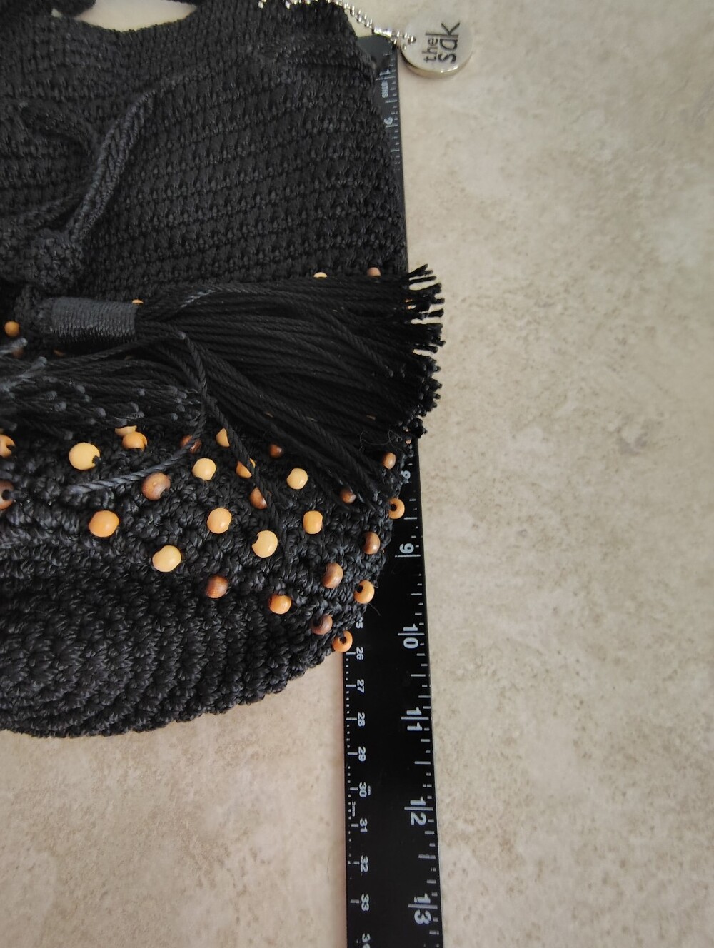 The Sak Black Crochet Crossbody Bag Wood Beads Tassel Drawstring Boho Bali - Picture 7 of 12